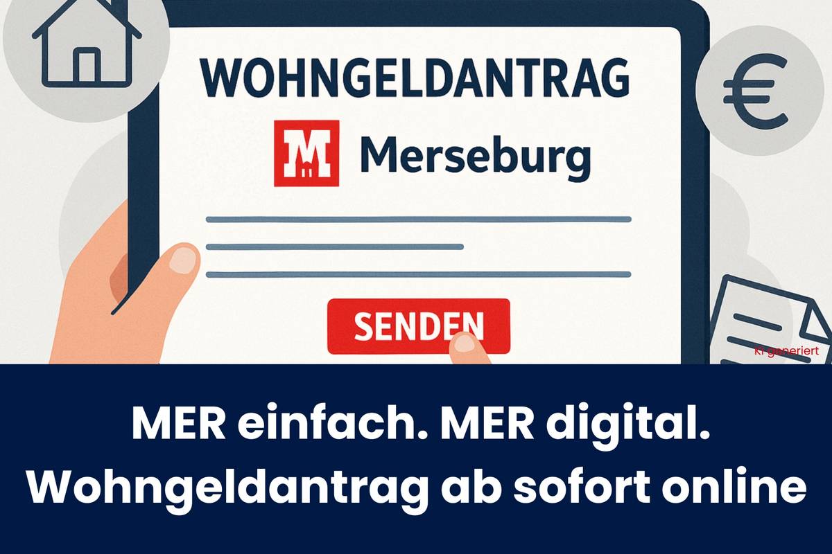 Symbolbild mit Schriftzug "Wohngeldantrag" und dem Merseburg-Logo
