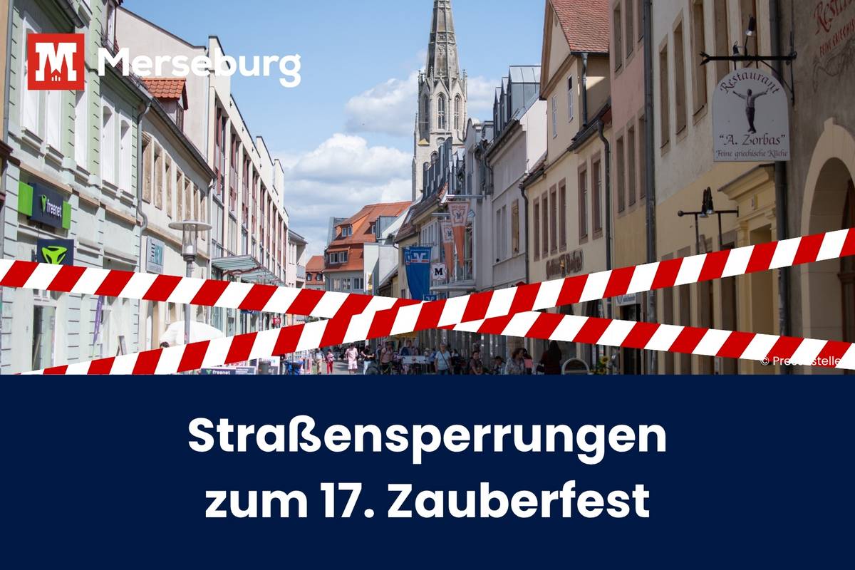ein rotweißes Absperrband eingefügt vor der Merseburger Innenstadt und der Titel des Artikels