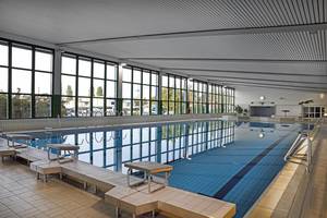 Das Bild zeigt das Schwimmbecken der Schwimmhalle. 